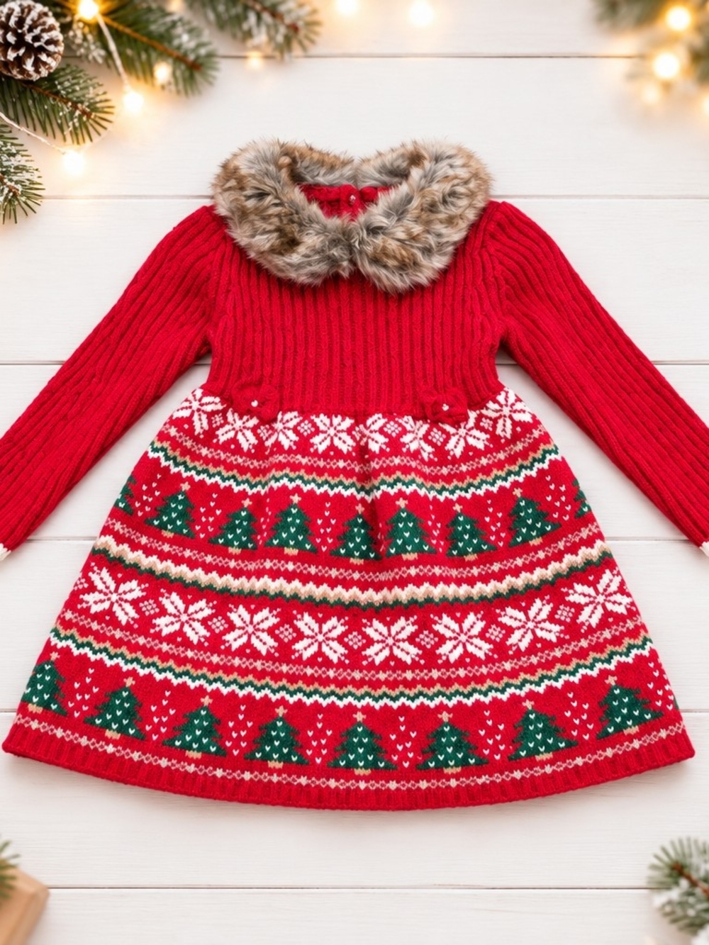 Tommy Bahama Red Knit Holiday Dress with Faux Fur Collar Sz 24 Months